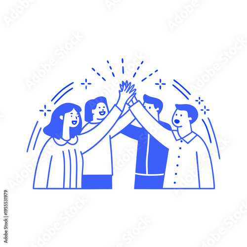 Four people celebrate success with a high five illustrated in blue lines