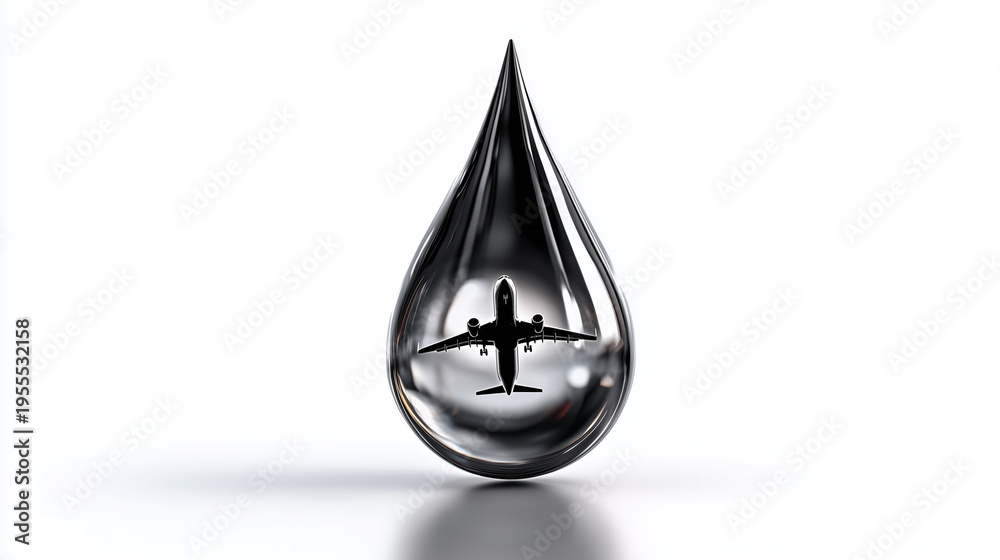 Fototapeta premium A conceptual 3D-style stock image of a large, glossy black drop of oil. Inside the reflection of the oil drop, a silhouette of a passenger airplane is visible. Clean white studio b