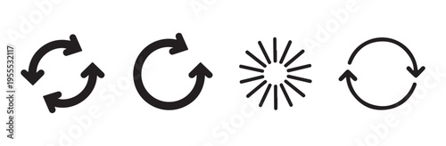 Collection of black reload, refresh, and loading icon designs isolated on white background for web usage