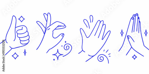 Collection of hand gestures and signs drawn in a simple blue line art style