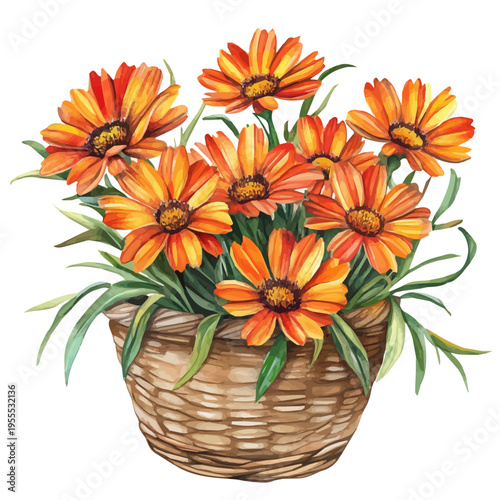 Gazania Bouquet In A Basket A, watercolor illustration featuring soft shadows and luminous, isolated on a white background.