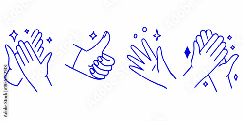 Blue line drawing depicting various hand gestures of applause and approval