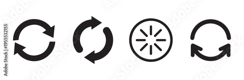 Collection of various black refresh and loading icon designs isolated on white background, user interface