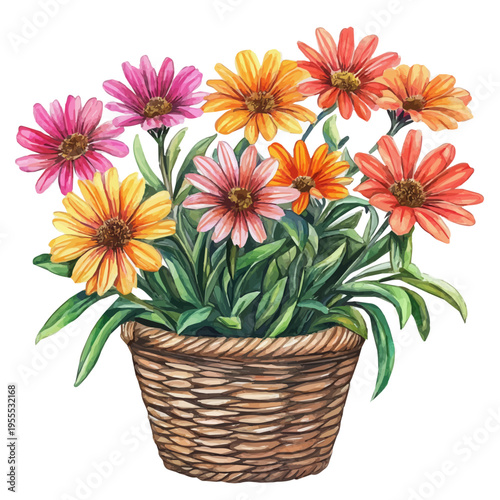 watercolor of Gazania Bouquet In A Basket A draw graphic, isolated on a white background.