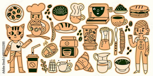 A colorful doodle collection featuring coffee food and cute character illustrations