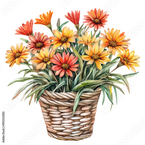Gazania Bouquet In A Basket A, watercolor illustration featuring soft shadows and luminous, isolated on a white background.