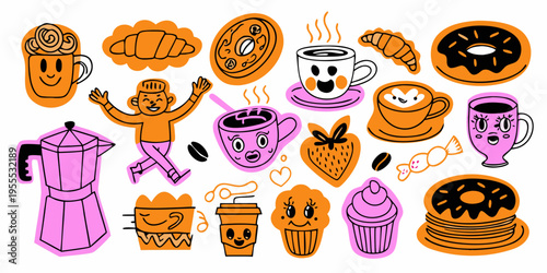 Colorful illustration of coffee pastries and happy anthropomorphic treats