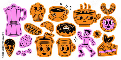 Colorful illustration of coffee pastries sweets and a cheerful character