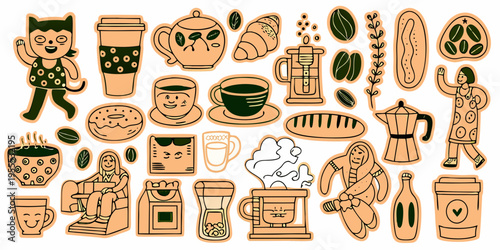 A collection of coffee related illustrations and baked goods doodles