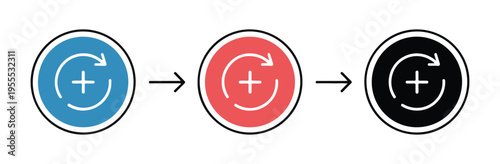 Sequence of refresh icons with plus symbol inside, changing colors blue, red and black