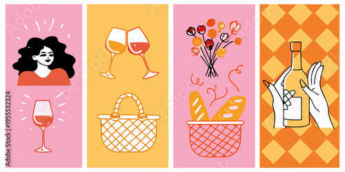 A colorful collection of picnic essentials including wine bread and flowers