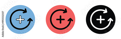 Color change refresh icons with add symbol, blue, coral and black backgrounds, circular design
