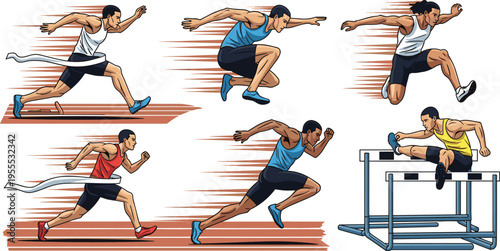 Track and Field Athletes Set with Sprinting Running Jumping and Hurdles Dynamic Motion Illustration for Sports Training Competition and Athletic Performance Design