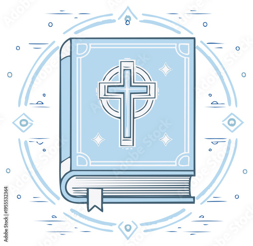 Illustration of a religious book with a cross symbol in a geometric design
