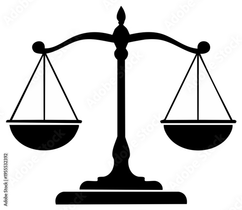 Silhouette of a balanced scale, symbol of justice and equality, isolated.