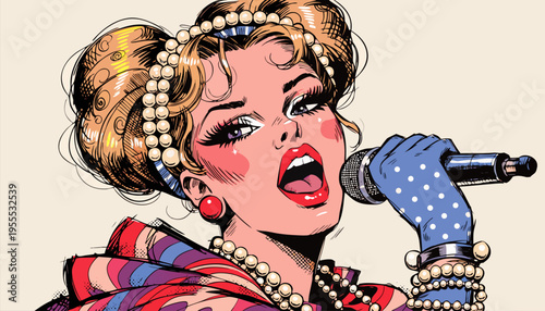 Pop Art Female Singer with Microphone and Vintage Glamor, Retro Comic Book Style Illustration for Music Events, Karaoke, Entertainment Marketing and Branding
