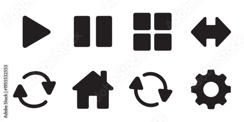 Set of flat black interface icons including play, pause, grid, back and forth, undo, home, refresh and gear