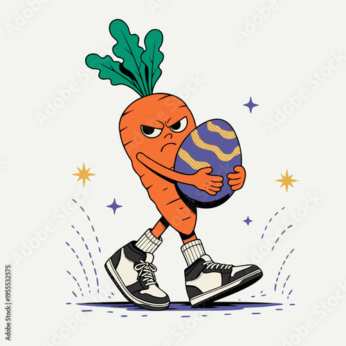Funny Angry Carrot Mascot Character Wearing Sneakers Carrying Easter Egg, Creative Vector Illustration for Streetwear Apparel and Urban Easter Marketing Campaigns