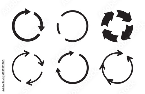 Collection of black circular arrows. different styles of refresh and recycle symbols. reset, reload arrows
