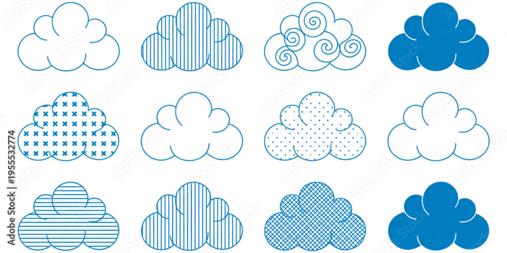 Fototapeta premium A collection of twelve different blue cloud icons featuring various artistic patterns and textures Vector