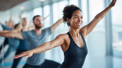 Free Download Stock photo of a high-energy, diverse fitness class practicing yoga in a bright studio with floor-to-ceiling windows, highlighting wellness, inclusivity, and an active lifestyle wi - GFXLoad