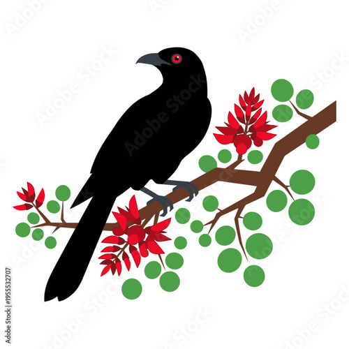 Asian Koel bird on Erabadu Branch (Koha Bird) vector illustration for Sinhala and Tamil New Year with red flowers and green leaves, symbolizing traditional festivities