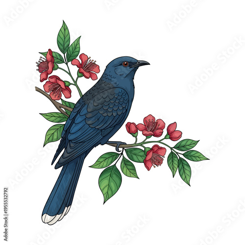 Asian Koel bird on Erabadu Branch ( Koha Bird) vector illustration for Sinhala and Tamil New Year, traditional spring festival symbol