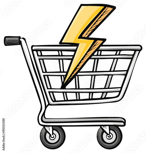 Shopping cart with lightning bolt illustration depicting super deal or flash sale promotion online shopping