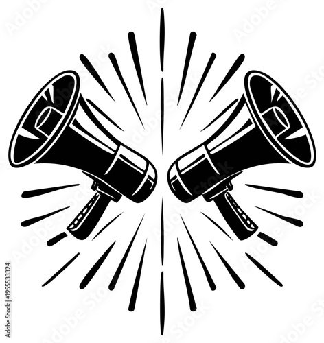 Two megaphones radiating lines black and white illustration