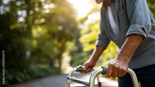 Medium shot of an older adult (faceless) using a sleek modern walker confidently on a sun-drenched park path, Active Aging Outdoors, soft warm natural light, sharp focus on the met