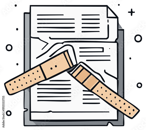 Illustration of a damaged document being repaired with adhesive bandages, concept for fixing problems.
