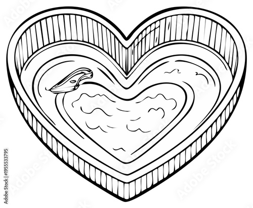 Heart-shaped pool with water, featuring a diving board, and gentle water movement.