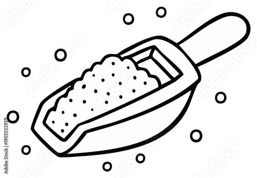 Outline illustration of a scoop filled with grainy material and floating dots.