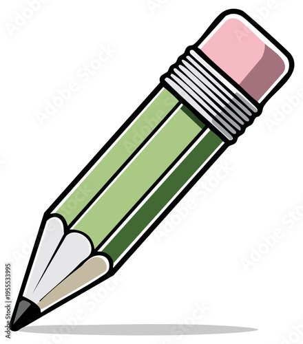 Cartoon-style illustration of a green pencil with an eraser