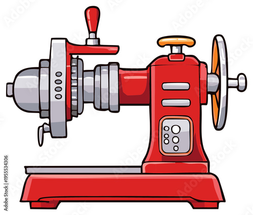 Vintage red mechanical device with a large wheel and handle