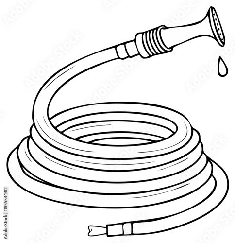 Coiled garden hose with water droplets, line art illustration