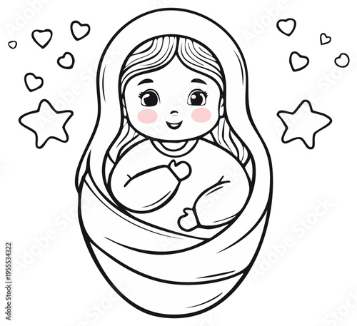 Cute Baby Girl Inside Matryoshka Doll Outline with Hearts and Stars
