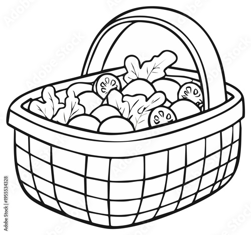 Whimsical line art illustration of a picnic basket overflowing with fresh vegetables and leafy greens, perfect for health conscious projects.