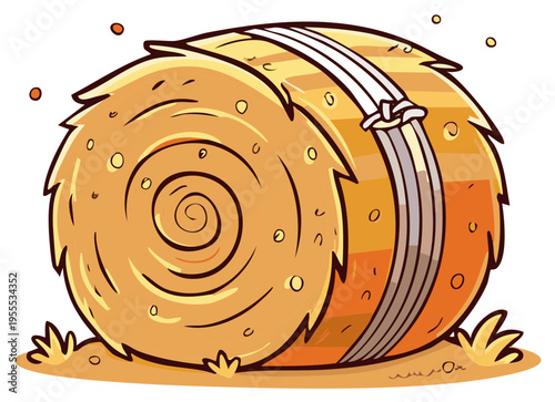 Cartoon Bales of Hay Rolled Together with Straps on Ground, Agriculture Theme Image