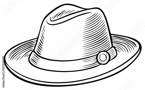 Detailed black and white illustration of a vintage fedora hat, classic design