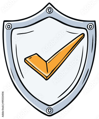 Cartoon shield with golden checkmark symbolizing security, protection, and verification