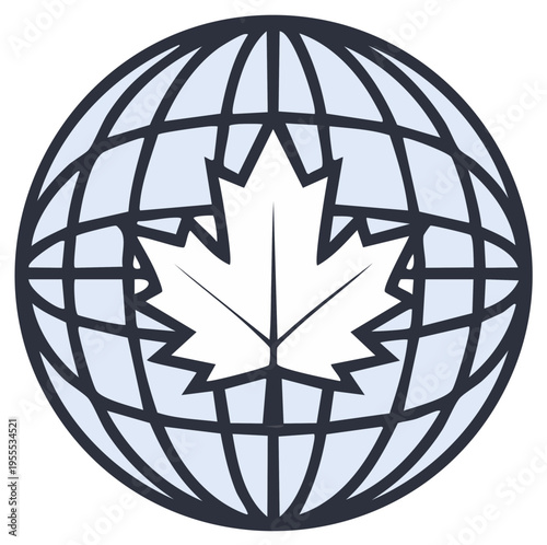 Global icon of a maple leaf inside a stylized earth globe with grid lines