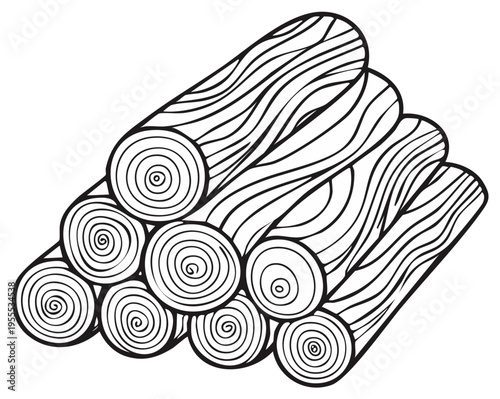 Illustration of a pile of logs, wood, and timber arranged in a stack, black and white outline.