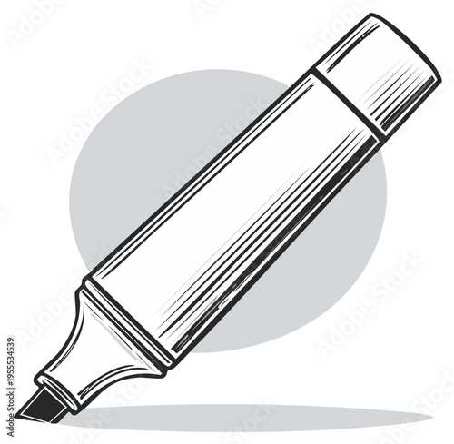 Black and white illustration of a marker or highlighter pen with a gray circle backdrop.