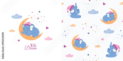 Children's background and seamless pattern for decorating children's rooms, bedding, wrapping paper, and more with hand-drawn elephant illustrations. Vector design .