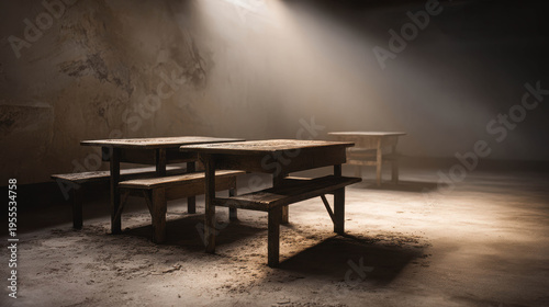 An atmospheric shot of three old wooden tables in a dim and smoky room, illuminated by a beam of light. The scene evokes a sense of mystery and intrigue. 