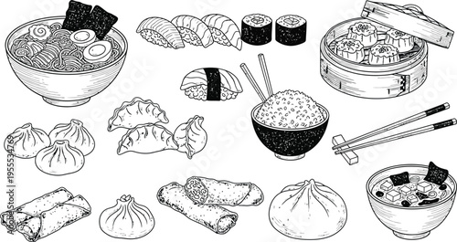 Hand Drawn Asian Food Collection with Ramen Sushi Dumplings Dim Sum Spring Rolls Rice Bowl Miso Soup Vector Illustration