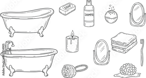 Hand Drawn Vintage Bathroom and Self Care Elements Set with Bathtub Soap Shampoo Mirror Towel Candle Vector Illustration