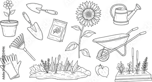 Hand Drawn Gardening Tools and Elements Set with Sunflower Wheelbarrow Watering Can Trowel Rake Gloves Seedlings Vector Illustration