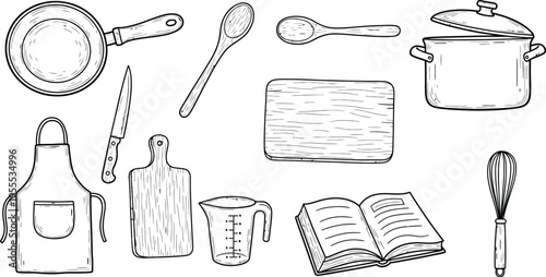 Hand Drawn Kitchen Cooking Utensils and Tools Set with Frying Pan Pot Apron Knife Cutting Board Recipe Book Whisk Vector Illustration